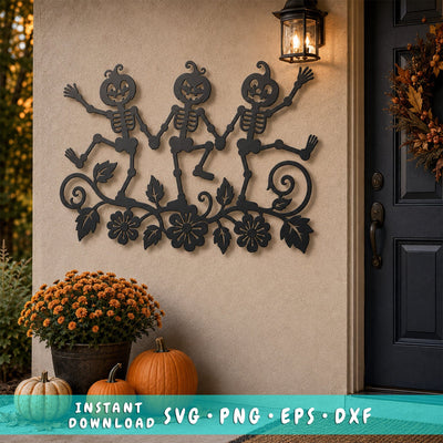 Pumpkin Skeleton Trio Laser SVG | Halloween Skeleton DXF | Funny Dancing Skeletons CNC File | Pumpkin Head Metal Art | Spooky Porch Decor SVG HappyDesignStudio 