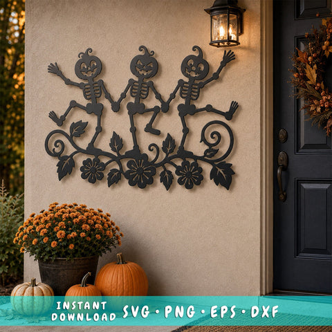 Pumpkin Skeleton Trio Laser SVG | Halloween Skeleton DXF | Funny Dancing Skeletons CNC File | Pumpkin Head Metal Art | Spooky Porch Decor SVG HappyDesignStudio 