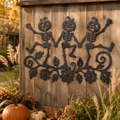 Pumpkin Skeleton Trio Laser SVG | Halloween Skeleton DXF | Funny Dancing Skeletons CNC File | Pumpkin Head Metal Art | Spooky Porch Decor SVG HappyDesignStudio 