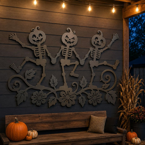 Pumpkin Skeleton Trio Laser SVG | Halloween Skeleton DXF | Funny Dancing Skeletons CNC File | Pumpkin Head Metal Art | Spooky Porch Decor SVG HappyDesignStudio 