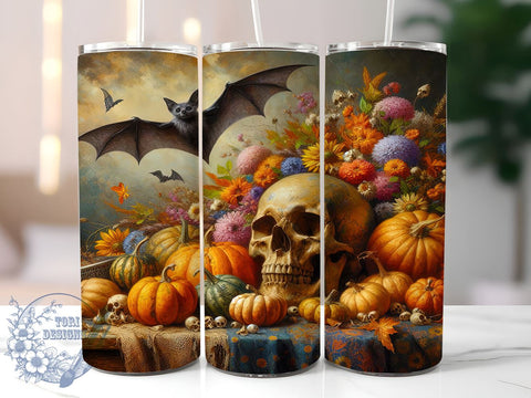 Pumpkin Skulls 20oz Skinny Tumbler, Halloween Skulls Tumbler Png, Straight & Tapered Tumbler Wrap, Instant Digital Download Sublimation ToriDesigns 