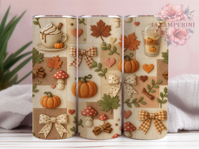 Pumpkin Spice Autumn Patchwork 20oz Tumbler, Pumpkin Spice, Autumn Patchwork, Cozy Quilt, Sublimation Wrap, 20oz Tumbler, Rustic Aesthetic, Seasonal Charm Sublimation Li Zamperini 