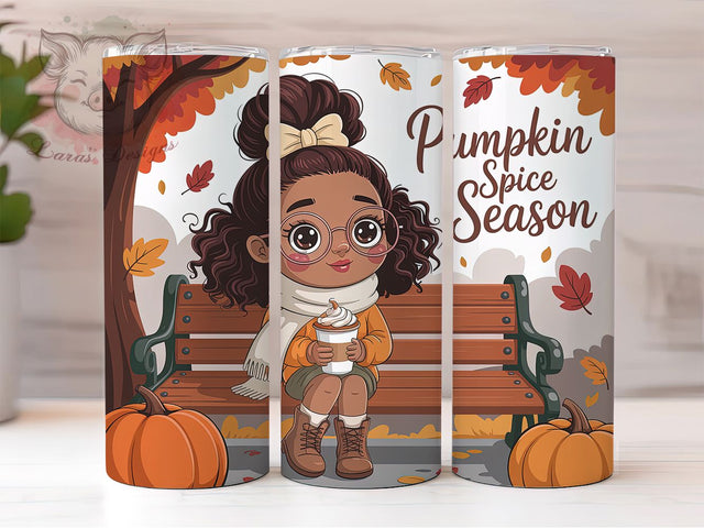 Pumpkin Spice Cozy Fall Girl Tumbler, Fall Girl Wrap, 20Oz Sublimation, Autumn Coffee Cup, Cozy Drinkware Design, Seasonal Tumbler Print, Latte Lover Wrap Sublimation Lara' s Designs 