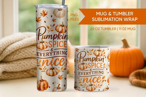Pumpkin Spice Fall Tumbler Wrap & Mug Wrap Sublimation KMarinaDesign 