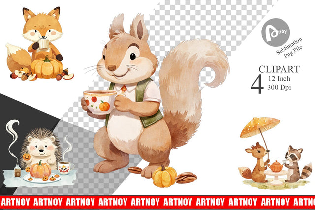 Pumpkin Tea Animals Clipart Sublimation artnoy 