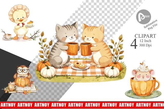 Pumpkin Tea Animals Clipart Sublimation artnoy 
