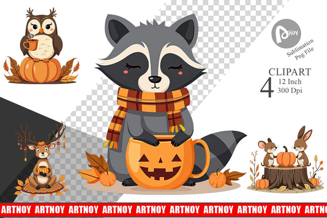 Pumpkin Tea Animals Clipart Sublimation artnoy 