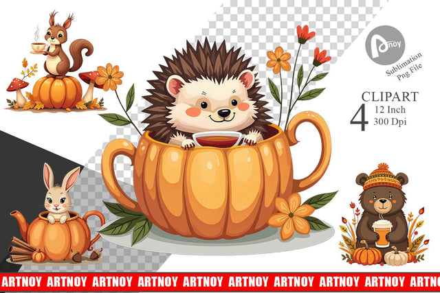 Pumpkin Tea Animals Clipart Sublimation artnoy 