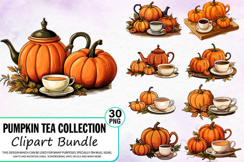 Pumpkin Tea Watercolor Clipart Bundle Sublimation Regulrcrative 