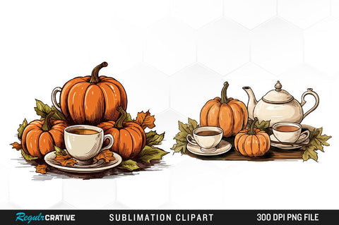 Pumpkin Tea Watercolor Clipart Bundle Sublimation Regulrcrative 