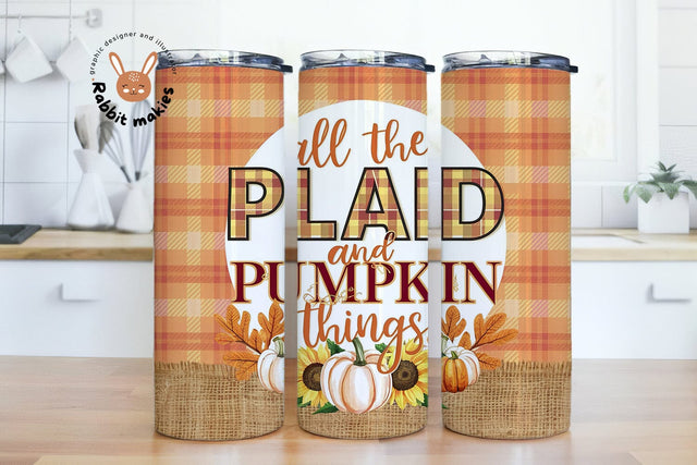 Pumpkin Tumbler PNG, Fall Tumbler Sublimation Design Download, All the plaid and pumpkin things 20oz Skinny Tumbler Design PNG Sublimation Rabbitmakies 