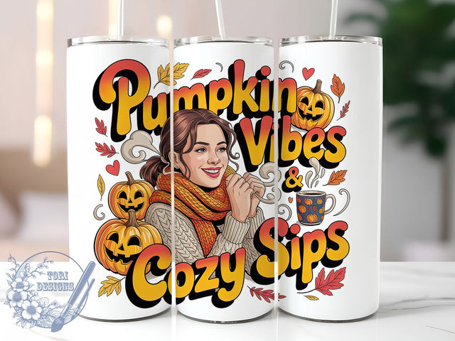 Pumpkin Vibes Cozy Fall Tumbler Wrap, Pumpkin Vibes Design, Cozy Sips Tumbler, Autumn Girl Tumbler, 20oz Sublimation Wrap, Pumpkin Spice Cup, Fall Coffee Mug Sublimation ToriDesigns 