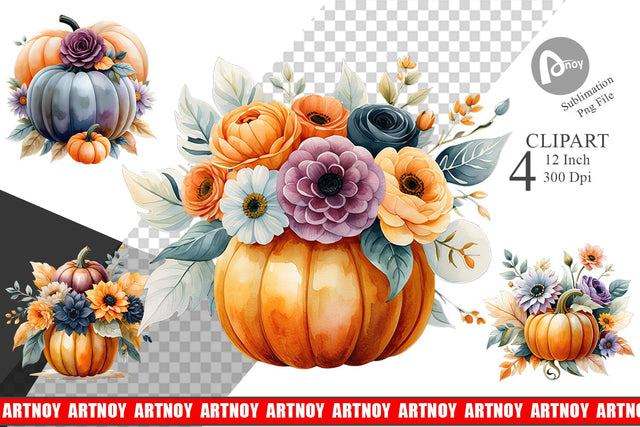 Pumpkin Watercolor Floral Clipart Sublimation artnoy 