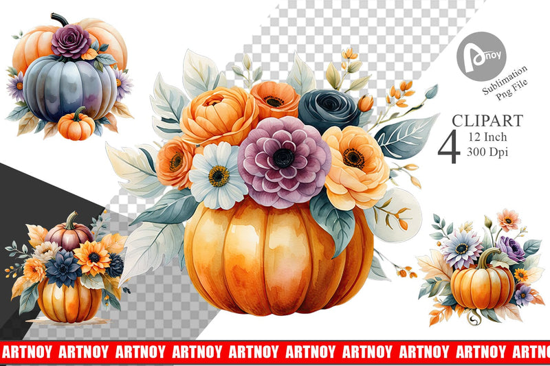 Pumpkin Watercolor Floral Clipart Sublimation artnoy 