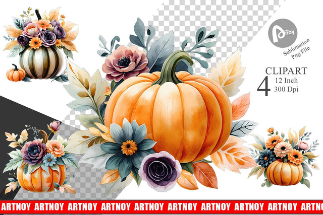 Pumpkin Watercolor Floral Clipart Sublimation artnoy 
