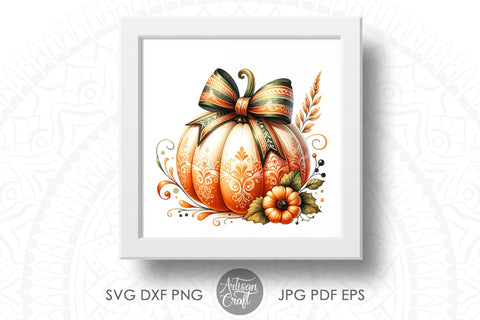 Pumpkin With Bow | Fall Coquette Bow | Fall Designs PNG Sublimation Artisan Craft SVG 