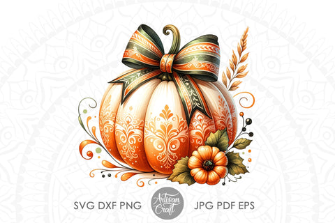 Pumpkin With Bow | Fall Coquette Bow | Fall Designs PNG Sublimation Artisan Craft SVG 
