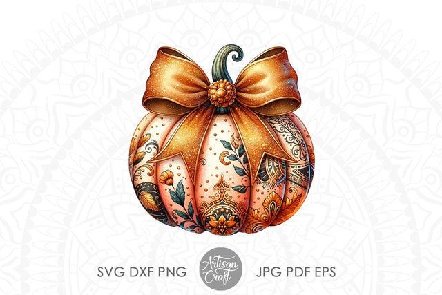 Pumpkin With Coquette Bow, gold glitter Sublimation Artisan Craft SVG 