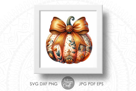 Pumpkin With Coquette Bow, gold glitter Sublimation Artisan Craft SVG 