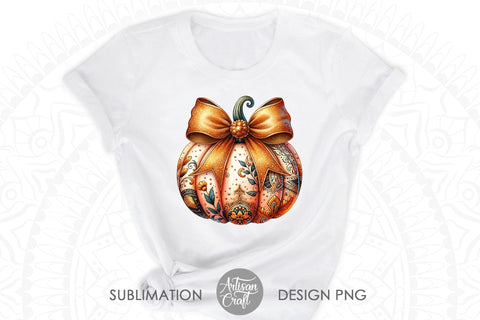 Pumpkin With Coquette Bow, gold glitter Sublimation Artisan Craft SVG 