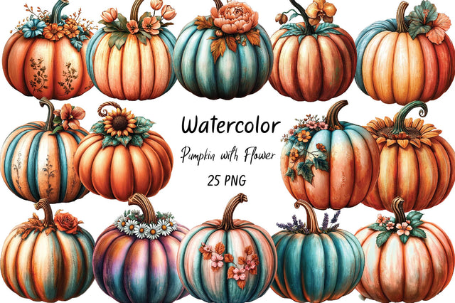 Pumpkin with Flower Clipart Bundle. Sublimation SVGArt 