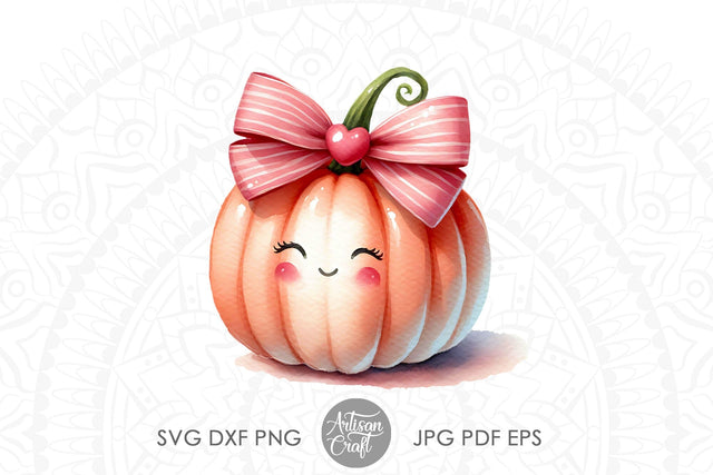 Pumpkin with pink Coquette Bow, kawaii art Sublimation Artisan Craft SVG 