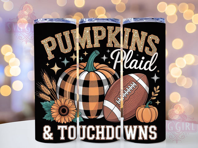 Pumpkins Plaid Fall Football Tumbler, Plaid Game Day Cup, 20Oz Sublimation Wrap, Autumn Sports Drinkware, Fall Football Gift, Cozy Game Day Mug Design, Harvest Touchdown Tumbler Sublimation SvggirlplusArt 