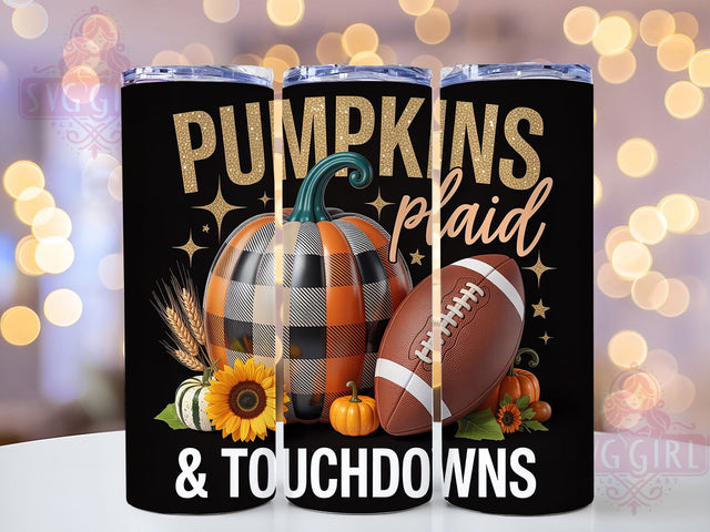 Pumpkins Plaid Fall Football Tumbler, Plaid Game Day Cup, 20Oz Sublimation Wrap, Autumn Sports Drinkware, Fall Football Gift, Cozy Game Day Mug Design, Harvest Touchdown Tumbler Sublimation SvggirlplusArt 