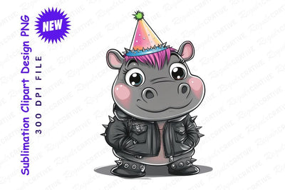 Punk Hippopotamus With Birthday Hat Clipart Png Sublimation Regulrcrative 