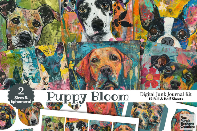 Puppy Dog Spring Digital Junk Journal Kit Half Pages | Easter Digital Pattern Fine Purple Elephant Creations 