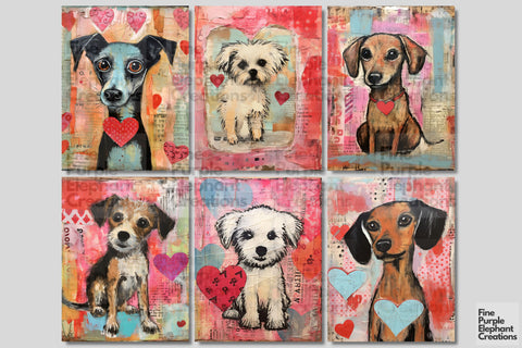 Puppy Dog Valentine Digital Junk Journal Kit Half Pages Paper Digital Pattern Fine Purple Elephant Creations 