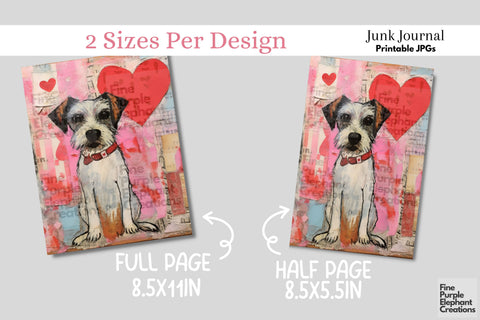 Puppy Dog Valentine Digital Junk Journal Kit Half Pages Paper Digital Pattern Fine Purple Elephant Creations 