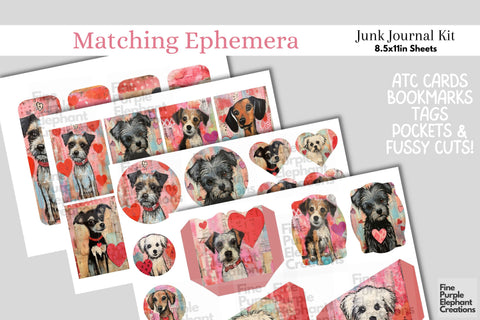 Puppy Dog Valentine Digital Junk Journal Kit Half Pages Paper Digital Pattern Fine Purple Elephant Creations 