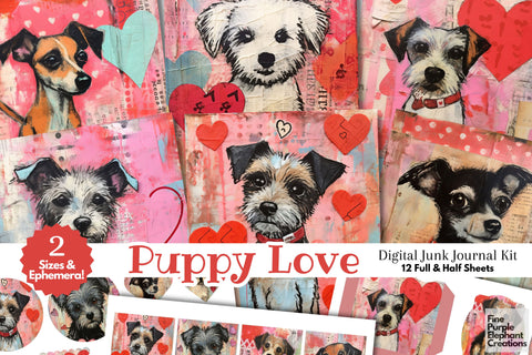 Puppy Dog Valentine Digital Junk Journal Kit Half Pages Paper Digital Pattern Fine Purple Elephant Creations 