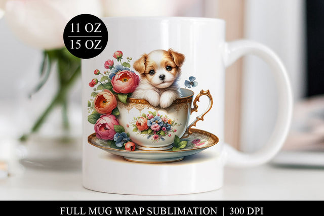 Puppy Floral Teacup Digital Print, Full Mug Wrap Sublimation Sublimation BijouBay 