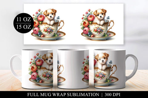 Puppy Floral Teacup Digital Print, Full Mug Wrap Sublimation Sublimation BijouBay 