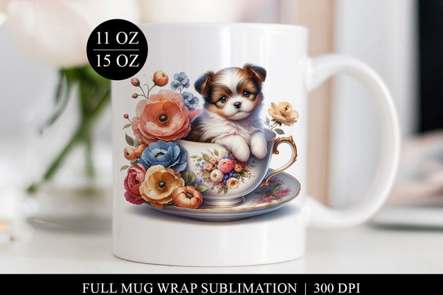 Puppy in Teacup Mug Design, Floral Digital Art Sublimation BijouBay 