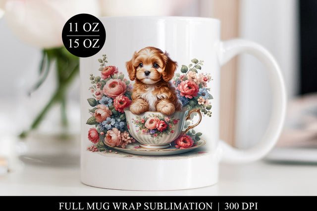Puppy in Teacup Mug Design, Full Wrap Sublimation Sublimation BijouBay 