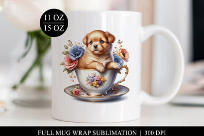 Puppy in Teacup Mug Wrap Full Design, Cute Dog Sublimation Sublimation BijouBay 