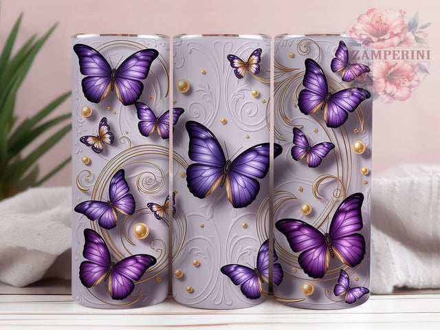 Purple 3D Butterfly Elegance 20oz Tumbler, Purple Butterflies, Elegant Design, Luxurious Pattern, Ornate White Background, 20oz Tumbler Wrap, Sublimation PNG Sublimation Li Zamperini 