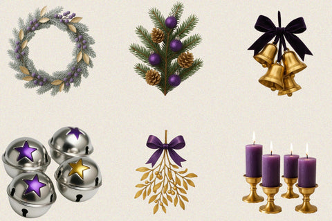 Purple and Yellow Christmas Clipart Bundle. Sublimation SVGArt 