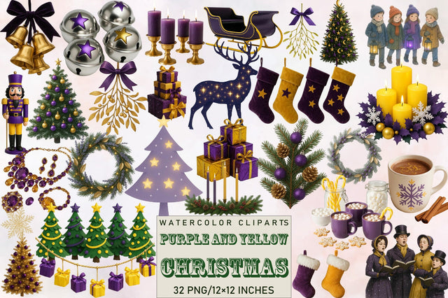 Purple and Yellow Christmas Clipart Bundle. Sublimation SVGArt 