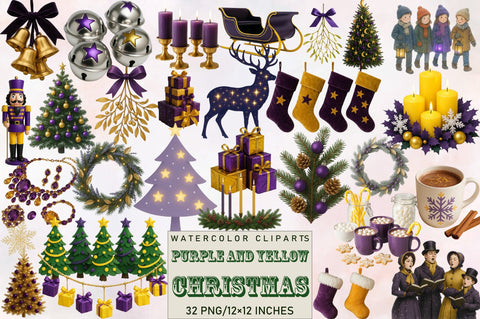 Purple and Yellow Christmas Clipart Bundle. Sublimation SVGArt 