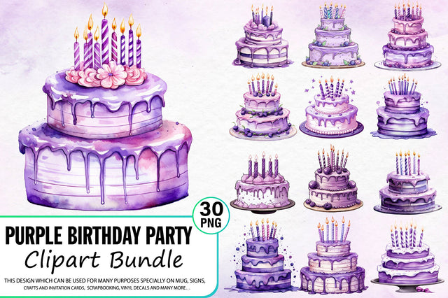 Purple Birthday Party Cake Clipart Bundle Sublimation Regulrcrative 