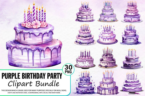 Purple Birthday Party Cake Clipart Bundle Sublimation Regulrcrative 