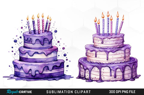 Purple Birthday Party Cake Clipart Bundle Sublimation Regulrcrative 