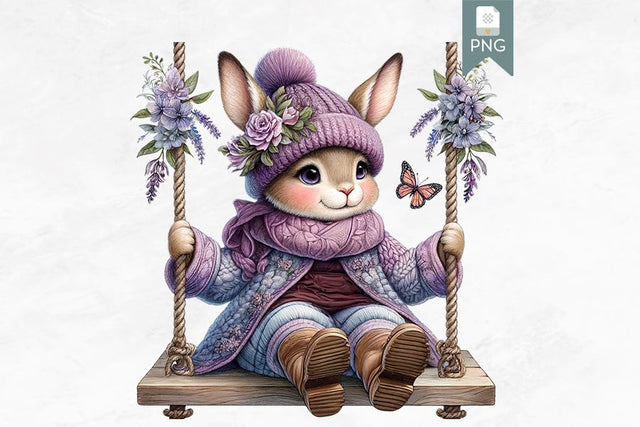 Purple Bunny on Swing Clipart, Cute Rabbit Illustration Sublimation BijouBay 