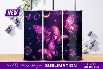 Purple Butterflies And Moon Tumbler Png Sublimation Regulrcrative 