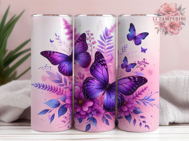 Purple Butterfly floral 20 oz Skinny Tumbler, Butterfly floral, Instant Digital Download PNG, Straight & Tapered Tumbler Wrap PNG Sublimation Li Zamperini 