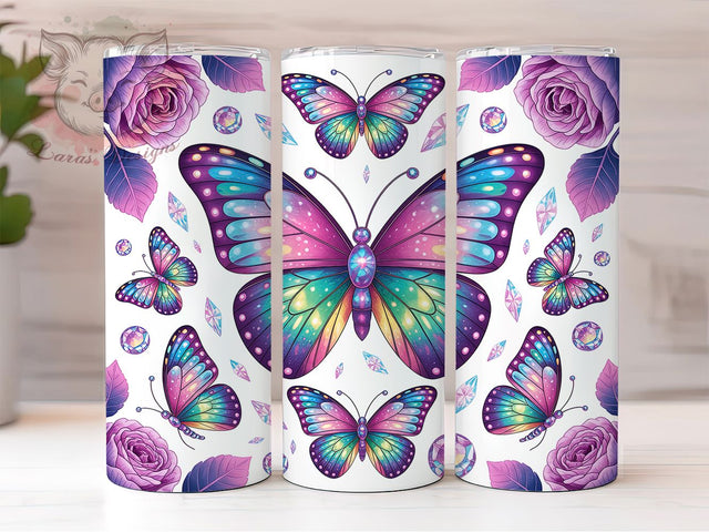 Purple Butterfly Floral Elegance 20oz Tumbler, Pink Roses, Purple Roses, Floral Elegance, Romantic Design, 20oz Tumbler Wrap, Sublimation PNG Sublimation Lara' s Designs 